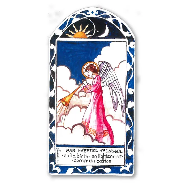 Lynn Garlick Retablos San Gabriel Archangel Childbirth and Postal Workers Wooden Pocket Plaque Necklaces
