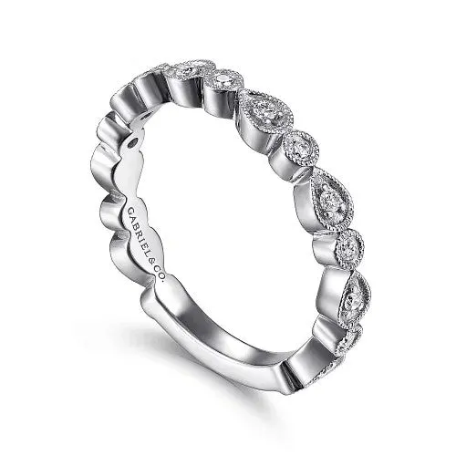 GABRIEL CO 14K White Gold Pear and Round Station Stackable Diamond Ring Rings