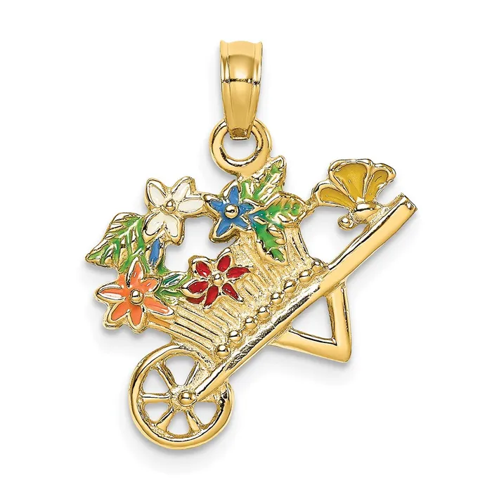 Goldia Charm Necklaces 14k Yellow Gold 3D Multicolor Enamel flower Cart Charm