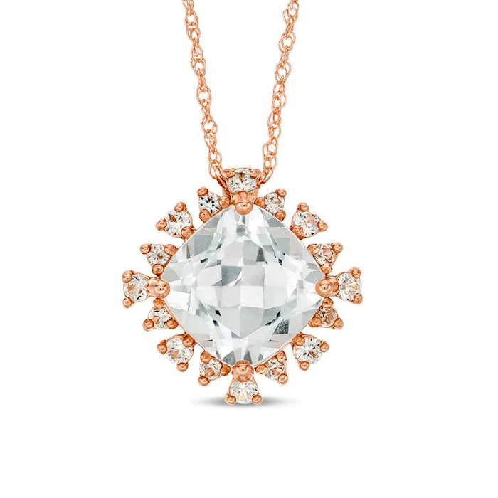 Goldia Necklaces 80mm CushionCut LabCreated White Sapphire Sunburst Frame Pendant in 10K Rose Gold