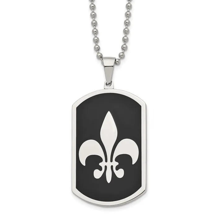 TreasureFineJewelers Necklaces Chisel Stainless Steel Polished Black IPplated Fleur de lis Dog Tag on a 24 inch Ball Chain Necklace