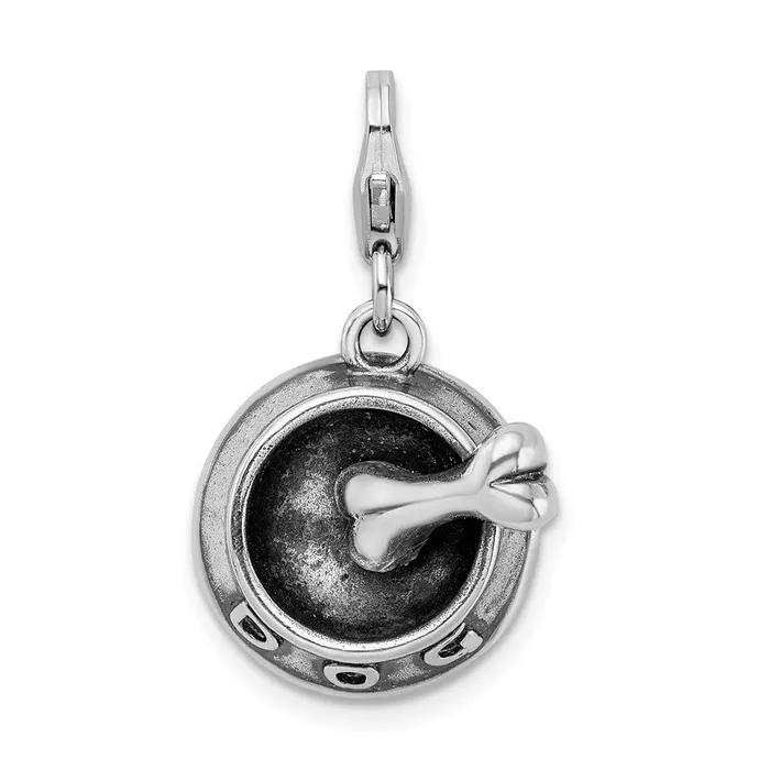 TreasureFineJewelers Rings Sterling Silver Amore La Vita Rhodiumpl 3D Dog Bowl and Bone Charm