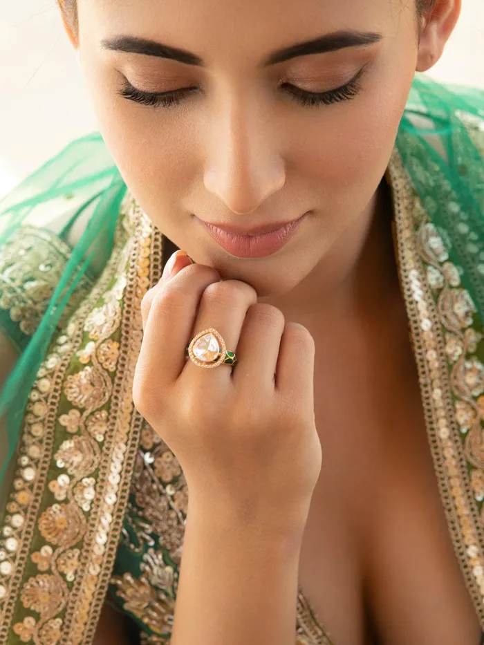 Bridal Green Enamel and Kundan Leaflet Ring Curio Cottage Rings