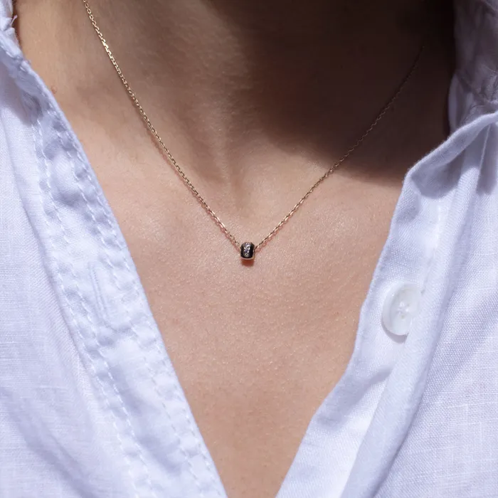 Eklexic Necklaces Gold Plated Black Enamel CZ Channel Rondelle Necklace