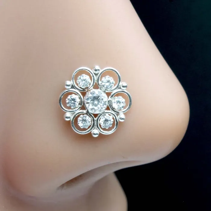 Karizma Jewels Floral Real 925 Silver Nose Stud White CZ Twisted nose ring Rings