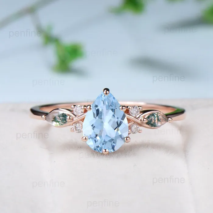 PENFINE Rings Vintage Pear Shaped Natural Aquamarine Engagement Ring Set Unique 14k Rose Gold Vine Marquise Green Agate Wedding Ring Set Ring for Women
