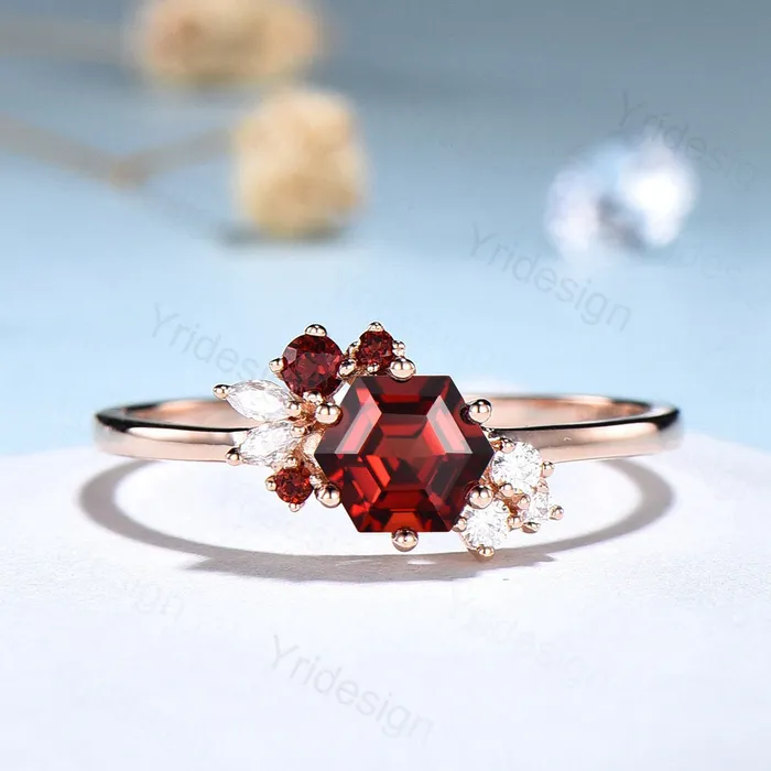 Rings PENFINE Hexagon cut garnet ring gold silver vintage unique engagement ring culster garnet wedding ring art deco moissanite promise ring for women