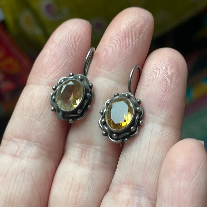 Earrings Vintage Paris Jewelry Citrine Drop Earrings Ornate Sterling Silver Vintage