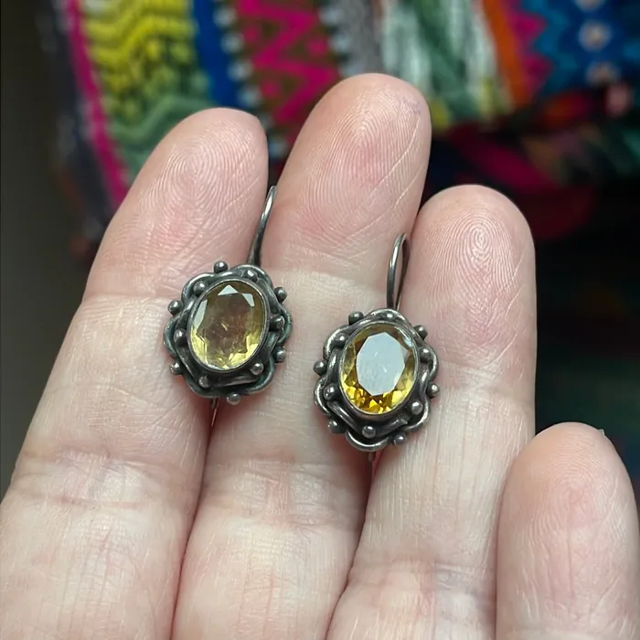 Earrings Vintage Paris Jewelry Citrine Drop Earrings Ornate Sterling Silver Vintage