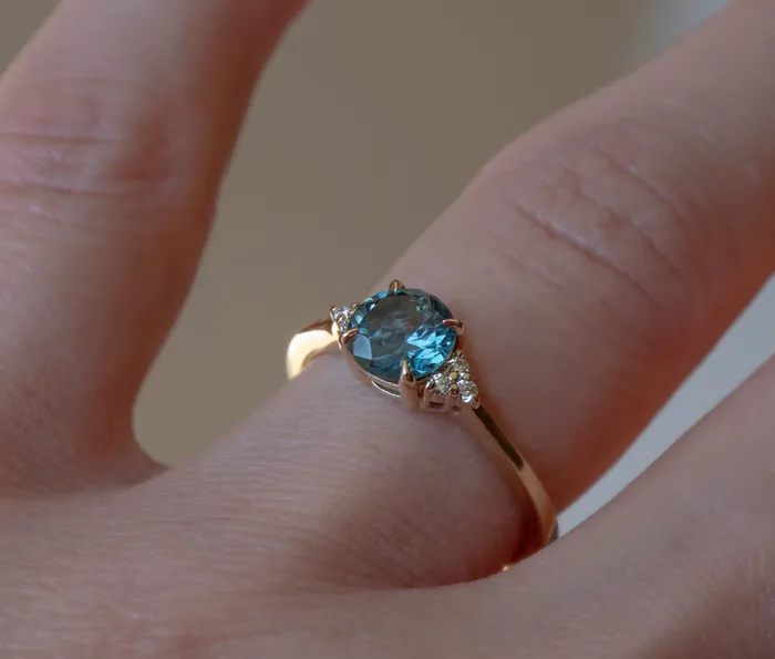 Rings AlbrechtJewellery Teal Blue Green Montana Sapphire Solitaire Ring w Diamonds Accents 14K Gold Teal Sapphire Engagement Ring