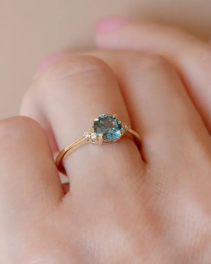 Rings AlbrechtJewellery Teal Blue Green Montana Sapphire Solitaire Ring w Diamonds Accents 14K Gold Teal Sapphire Engagement Ring
