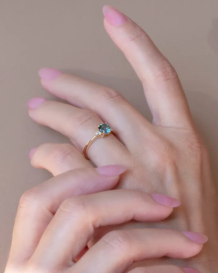 Rings AlbrechtJewellery Teal Blue Green Montana Sapphire Solitaire Ring w Diamonds Accents 14K Gold Teal Sapphire Engagement Ring