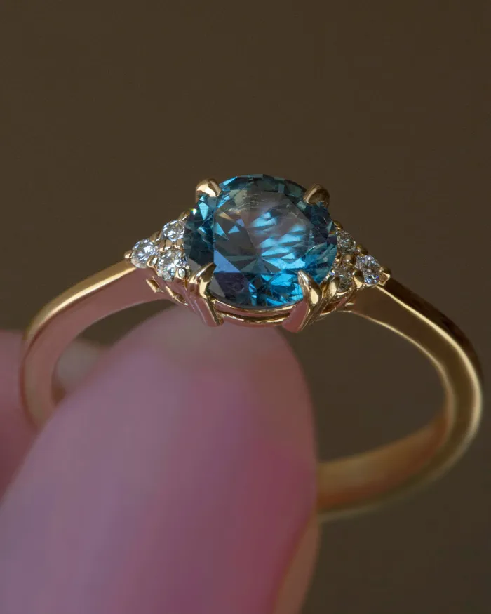 Rings AlbrechtJewellery Teal Blue Green Montana Sapphire Solitaire Ring w Diamonds Accents 14K Gold Teal Sapphire Engagement Ring
