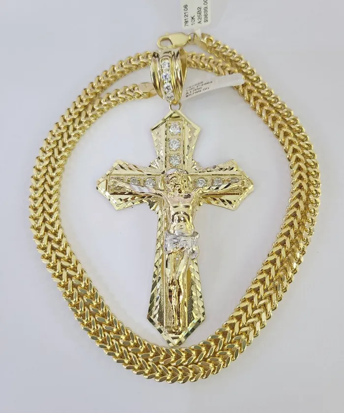 10K Franco Chain Jesus Cross Pendant Charm Necklace 2026 5mm Gold Yellow SET Gold and Diamond Necklaces
