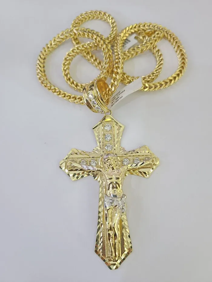 10K Franco Chain Jesus Cross Pendant Charm Necklace 2026 5mm Gold Yellow SET Gold and Diamond Necklaces