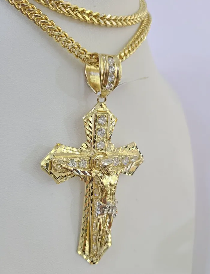 10K Franco Chain Jesus Cross Pendant Charm Necklace 2026 5mm Gold Yellow SET Gold and Diamond Necklaces