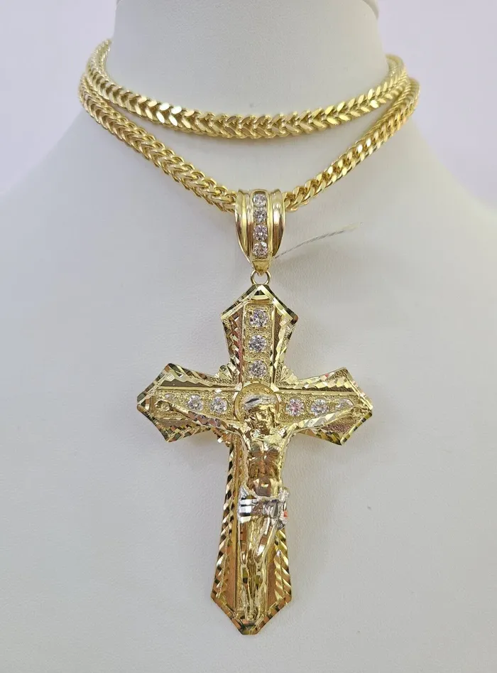 10K Franco Chain Jesus Cross Pendant Charm Necklace 2026 5mm Gold Yellow SET Gold and Diamond Necklaces