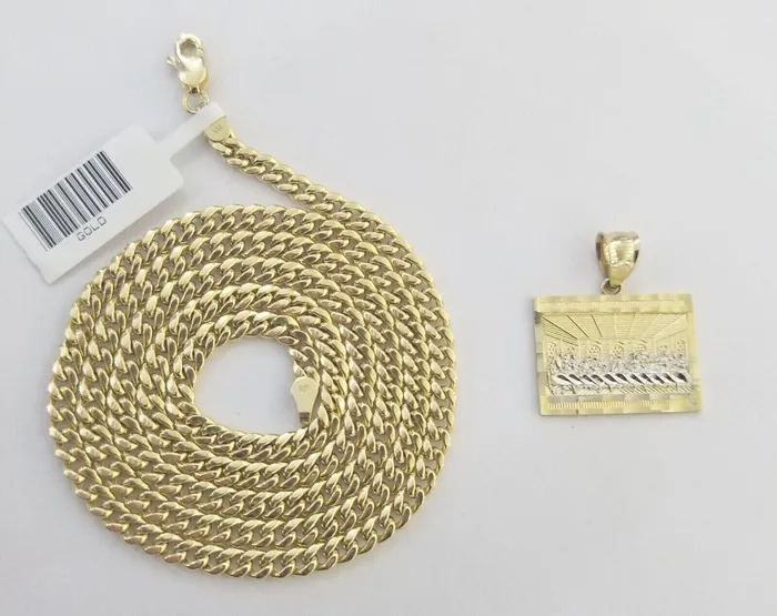 Globalwatches10 Real 10k Gold Last Supper Charm Chain Miami Cuban Link Necklace 4mm 24 Inch SET Necklaces