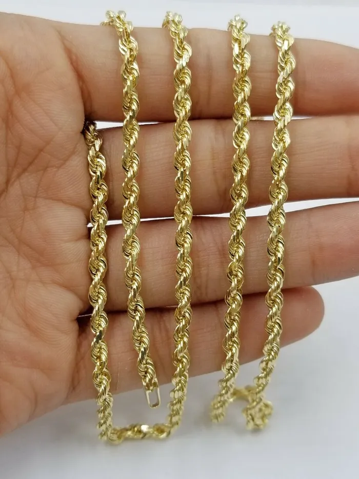 Gold and Diamond 14k Solid Yellow Gold 25mm Rope Chain Real Diamond Cut 24 Inches Lobster Lock Rings
