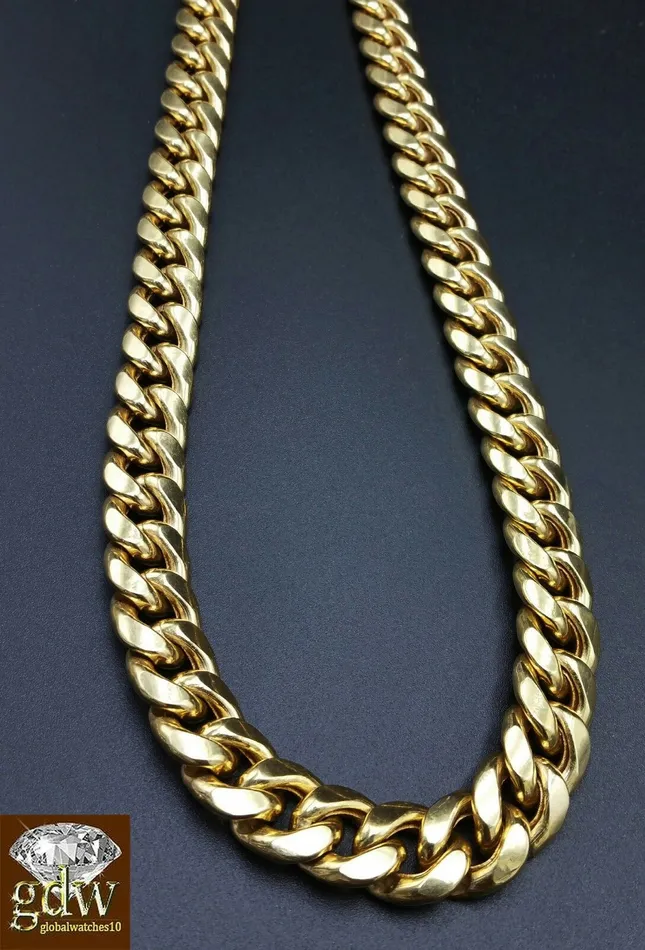 Gold and Diamond Necklaces Real 10K Yellow Gold Miami Cuban Chain Necklace 11mm 24 Inch Box Lock Strong