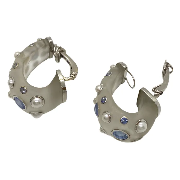 Trianon Earrings Large Trianon Frosted Crystal Pearl Iolite 18K Gold Half Hoop Earrings
