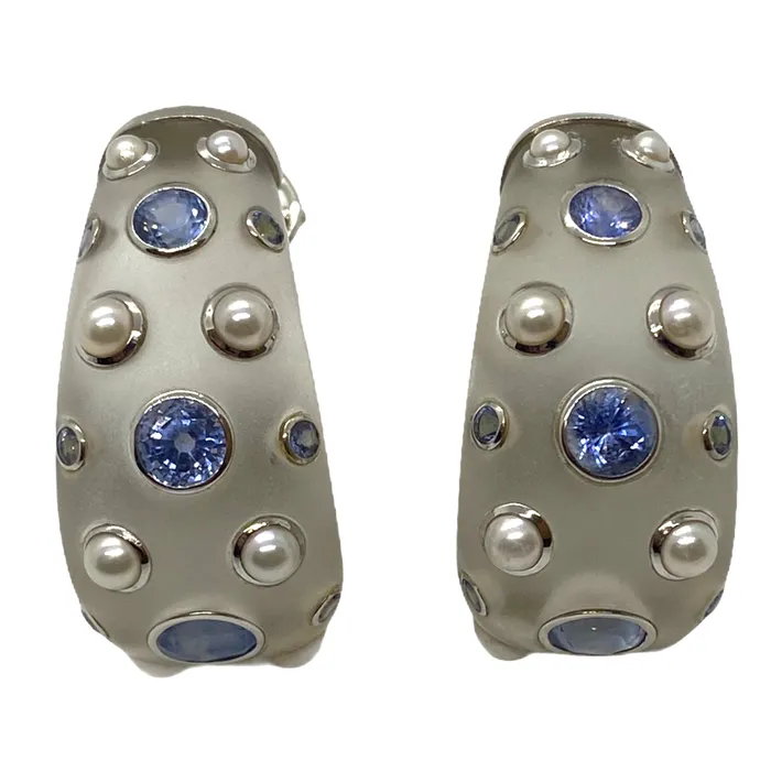 Trianon Earrings Large Trianon Frosted Crystal Pearl Iolite 18K Gold Half Hoop Earrings