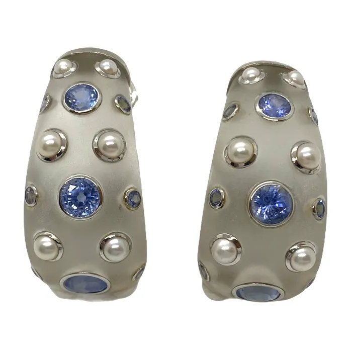 Trianon Earrings Large Trianon Frosted Crystal Pearl Iolite 18K Gold Half Hoop Earrings