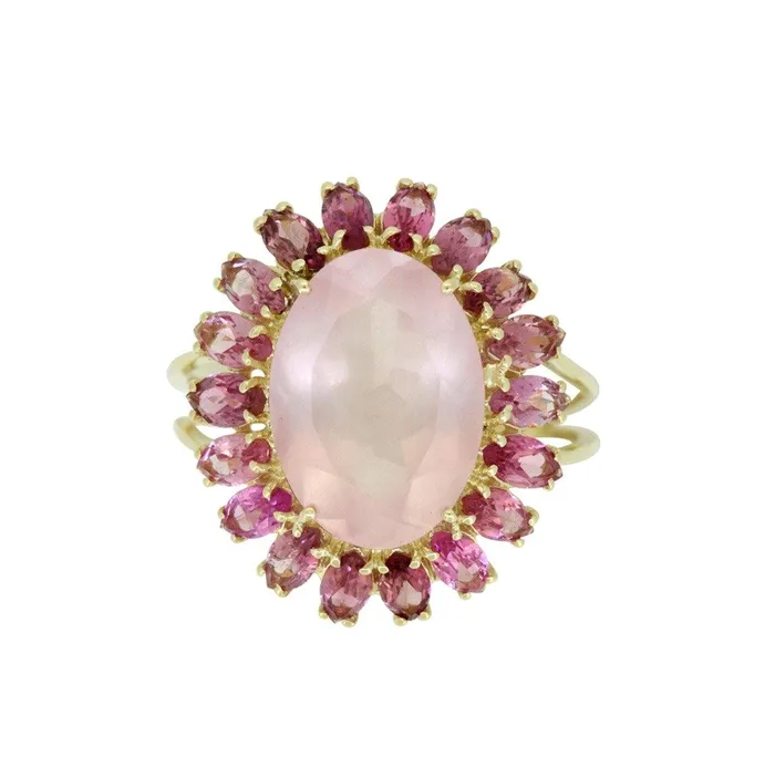 751 Ct Rose Quartz Pink Tourmaline Solid 14k Yellow Gold Cluster Ring Jewelry YoTreasure Rings