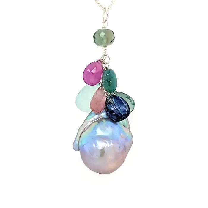 AVF AVF Silver Freeform Pearl w Kyanite Pink Sapphire Tourmaline Green Quartz Green Amethyst Cluster Necklace SI3727 Necklaces