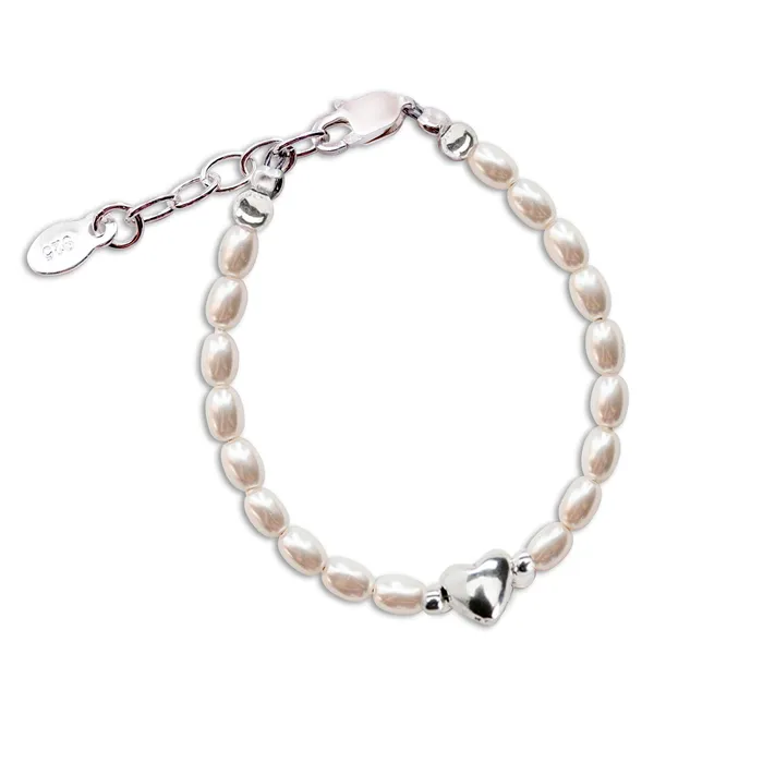 Bracelets Cherished Moments Sterling Silver Simulated Rice Pearl Baby Bracelet with Puff Heart for Kids