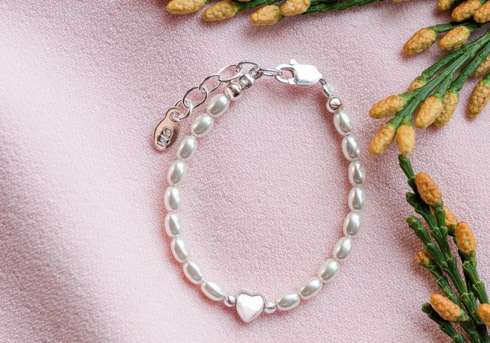 Bracelets Cherished Moments Sterling Silver Simulated Rice Pearl Baby Bracelet with Puff Heart for Kids