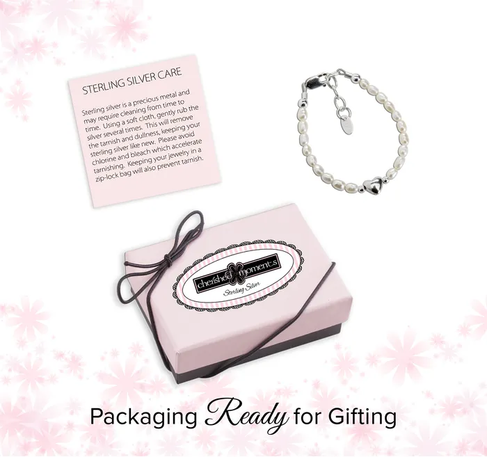 Bracelets Cherished Moments Sterling Silver Simulated Rice Pearl Baby Bracelet with Puff Heart for Kids