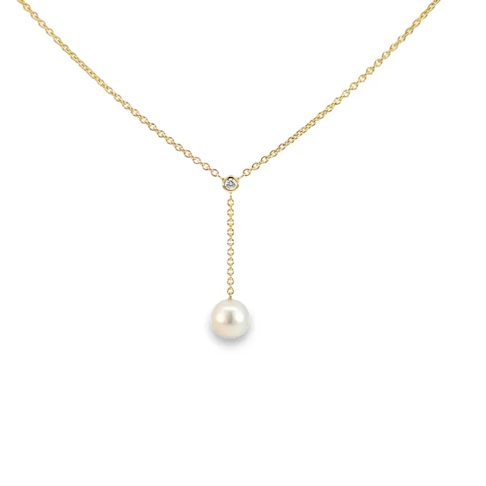 Breuning Necklaces 14k Gold Bezel Set Diamond Cultured Pearl Drop Necklace