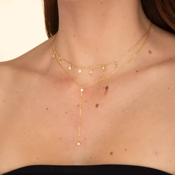 Double Bezel Drop Chain Y Necklace Camile Stone Necklaces