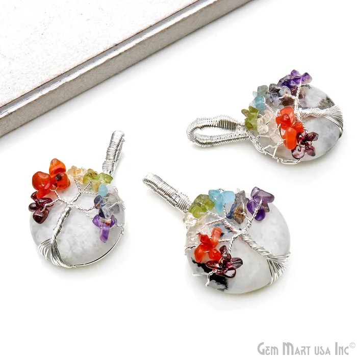 GemMartUSA Necklaces 7 Chakra Tree Of Life Round 55x34mm Silver Wire Wrapped Pendant