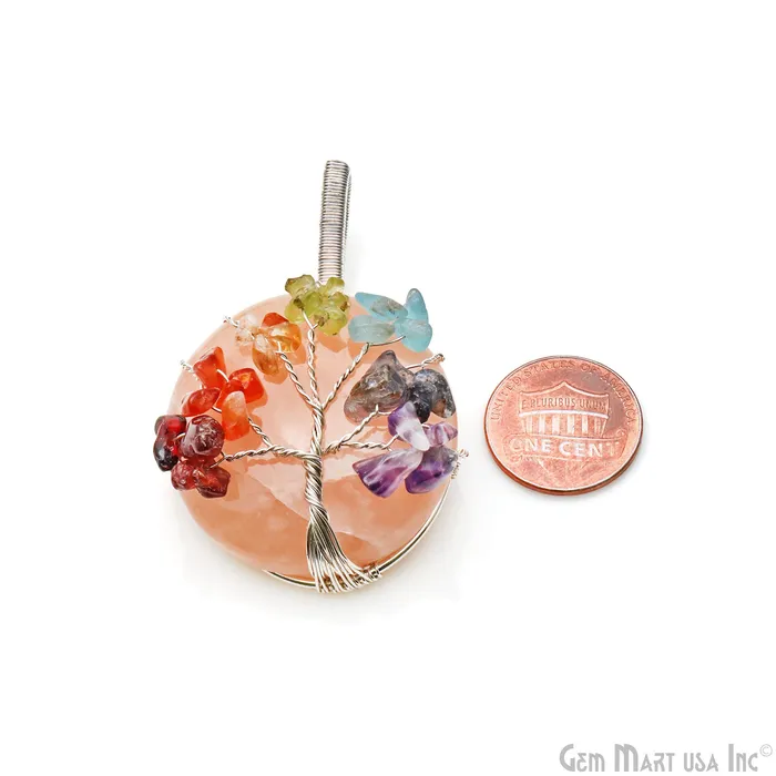 GemMartUSA Necklaces 7 Chakra Tree Of Life Round 55x34mm Silver Wire Wrapped Pendant
