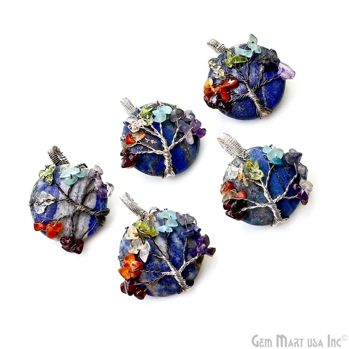 GemMartUSA Necklaces 7 Chakra Tree Of Life Round 55x34mm Silver Wire Wrapped Pendant