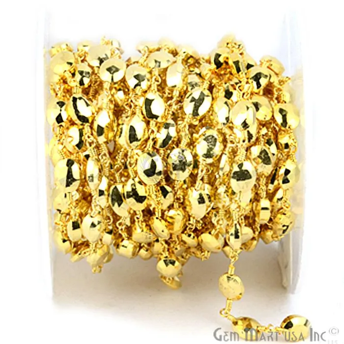 GemMartUSA Necklaces Golden Pyrite Oval 6x8mm Gold Plated Wire Wrapped Rosary Chain