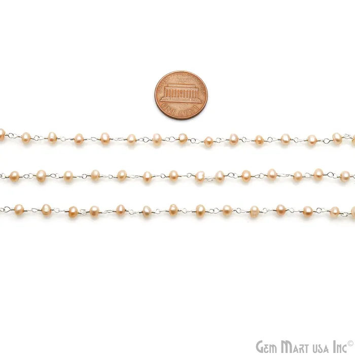 GemMartUSA Necklaces Pink Pearl Faceted Beads 335mm Silver Plated Wire Wrapped Rosary Chain