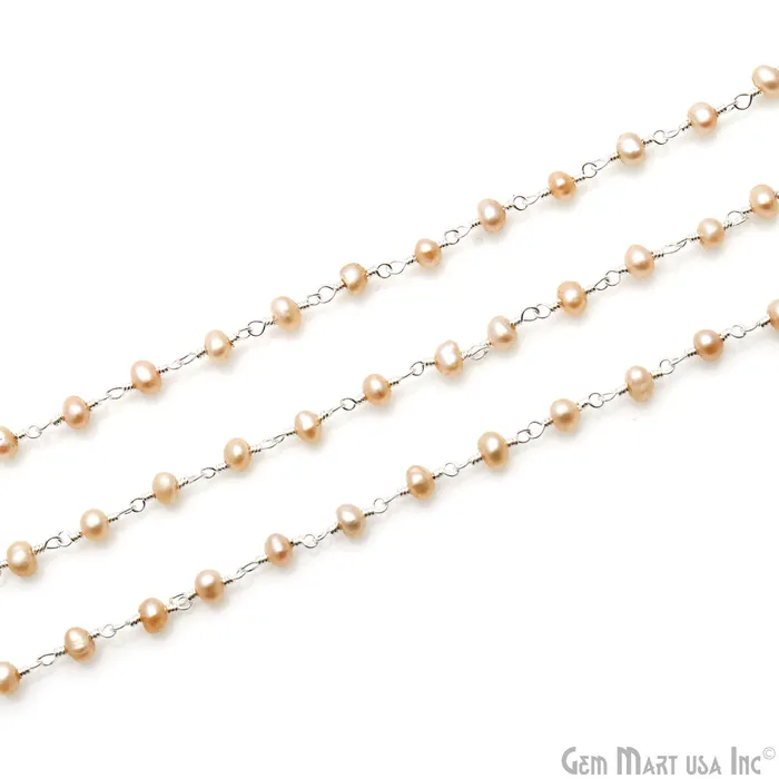 GemMartUSA Necklaces Pink Pearl Faceted Beads 335mm Silver Plated Wire Wrapped Rosary Chain