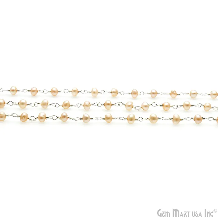 GemMartUSA Necklaces Pink Pearl Faceted Beads 335mm Silver Plated Wire Wrapped Rosary Chain