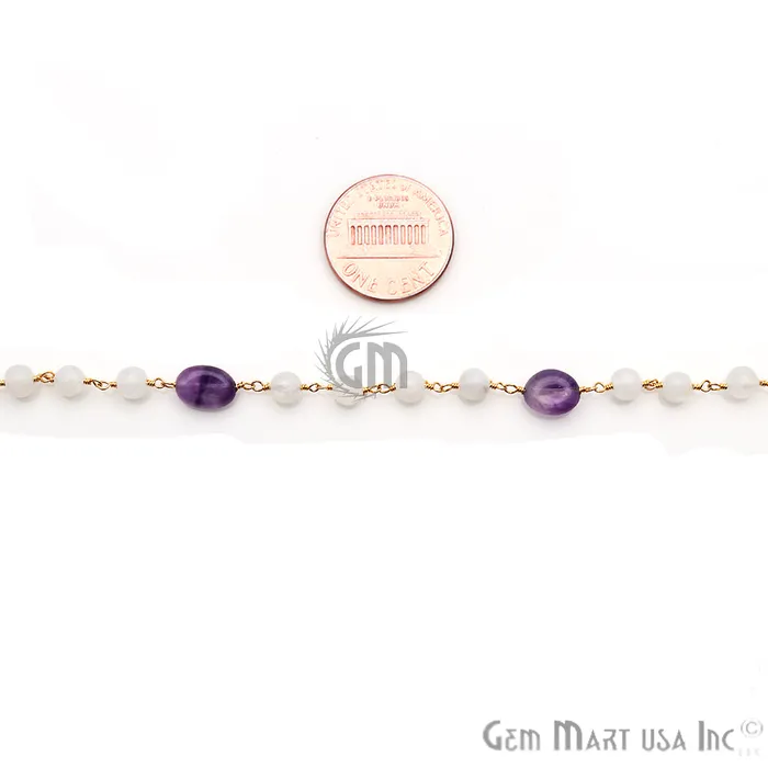 GemmartUSA Necklaces Rainbow Moonstone Amethyst Gemstone Gold Plated Wire Wrapped Rosary Chain GemmartUSA Necklaces Rainbow Moonstone Amethyst Gemstone Gold Plated Wire Wrapped Rosary Chain