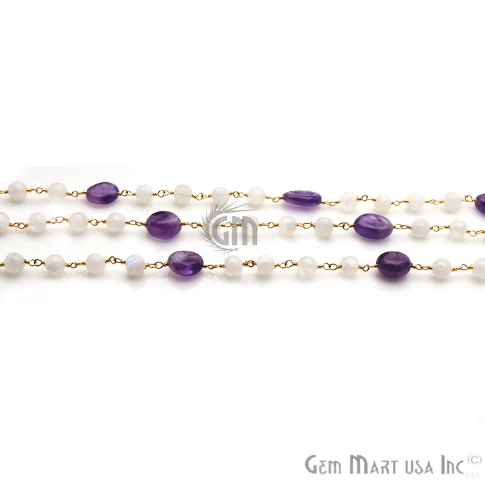 GemmartUSA Necklaces Rainbow Moonstone Amethyst Gemstone Gold Plated Wire Wrapped Rosary Chain GemmartUSA Necklaces Rainbow Moonstone Amethyst Gemstone Gold Plated Wire Wrapped Rosary Chain