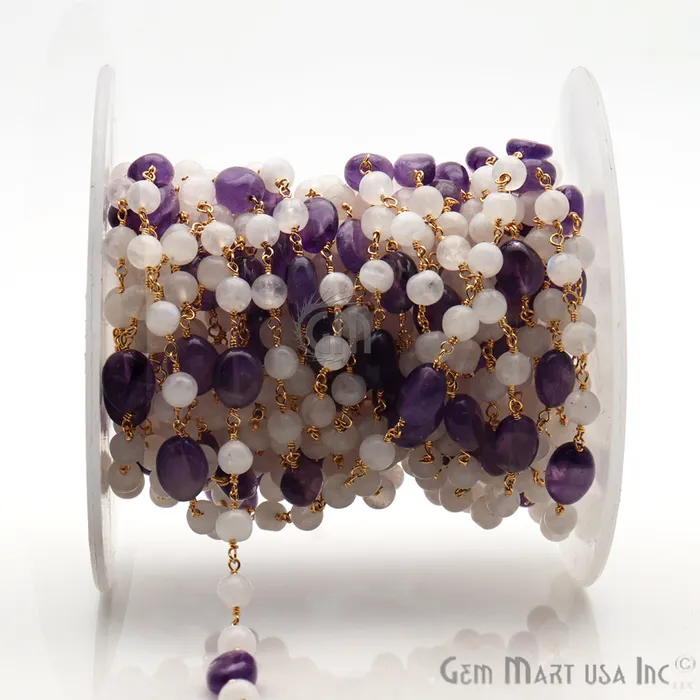 GemmartUSA Necklaces Rainbow Moonstone Amethyst Gemstone Gold Plated Wire Wrapped Rosary Chain GemmartUSA Necklaces Rainbow Moonstone Amethyst Gemstone Gold Plated Wire Wrapped Rosary Chain
