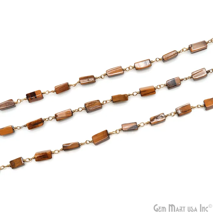 GemMartUSA Necklaces Tiger Eye Box Bead 8x5mm Gold Wire Wrapped Rosary Chain
