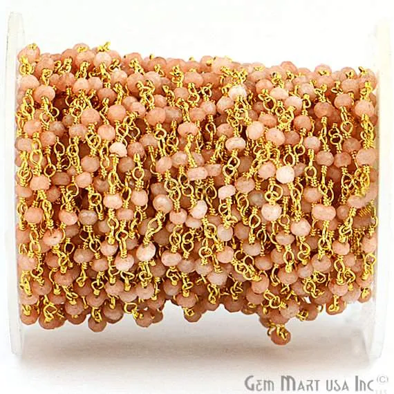 GemmartUSA PreStyled Sets Peach Moonstone 335mm Gold Plated Wire Wrapped Rosary Chain