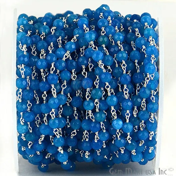 GemMartUSA Rings Blue Jade Beads Silver Plated Wire Wrapped Rosary Chain