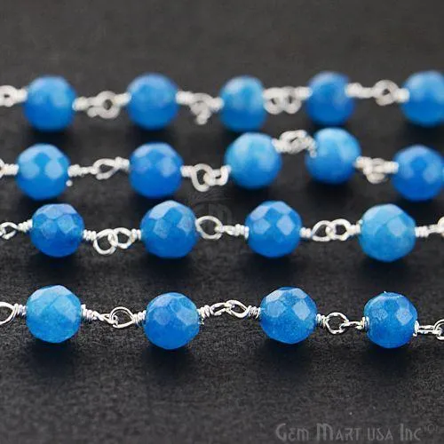 GemMartUSA Rings Blue Jade Beads Silver Plated Wire Wrapped Rosary Chain
