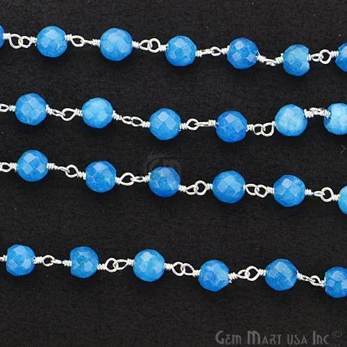 GemMartUSA Rings Blue Jade Beads Silver Plated Wire Wrapped Rosary Chain