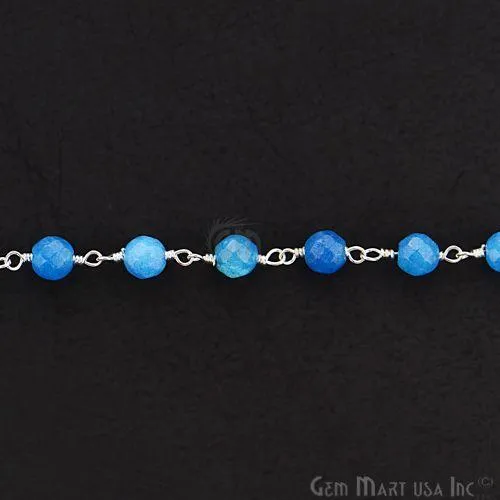 GemMartUSA Rings Blue Jade Beads Silver Plated Wire Wrapped Rosary Chain